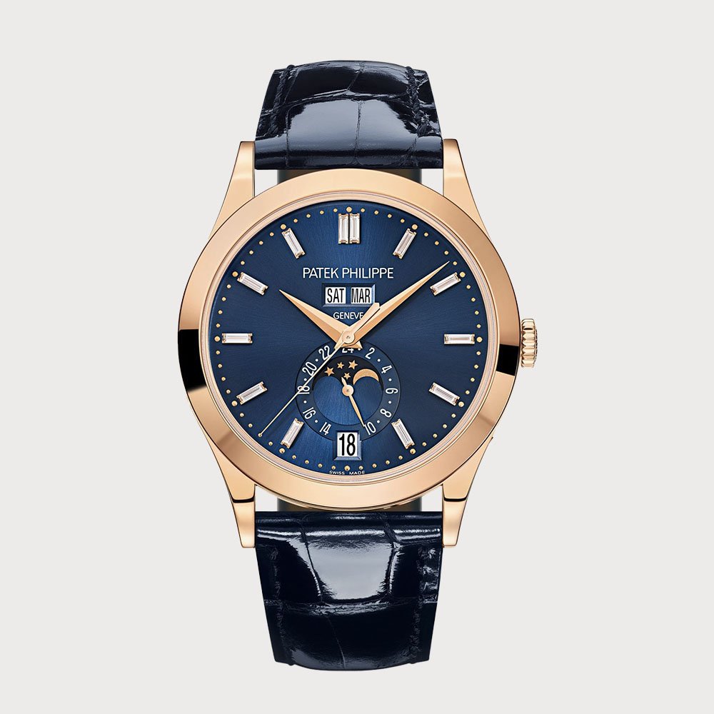 Patek Philippe Annual Calendar Moon Phases With Blue Baguette Diamond Set Dial In Rose Gold