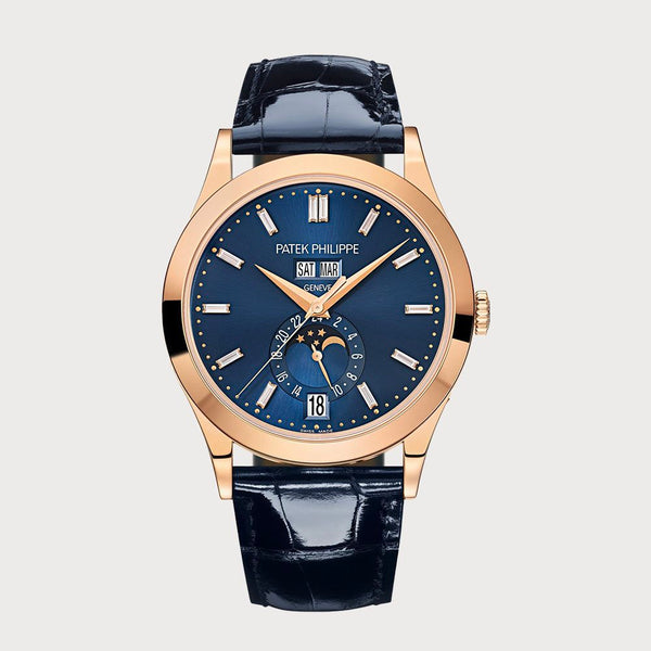 Patek Philippe Annual Calendar Moon Phases With Blue Baguette Diamond Set Dial In Rose Gold