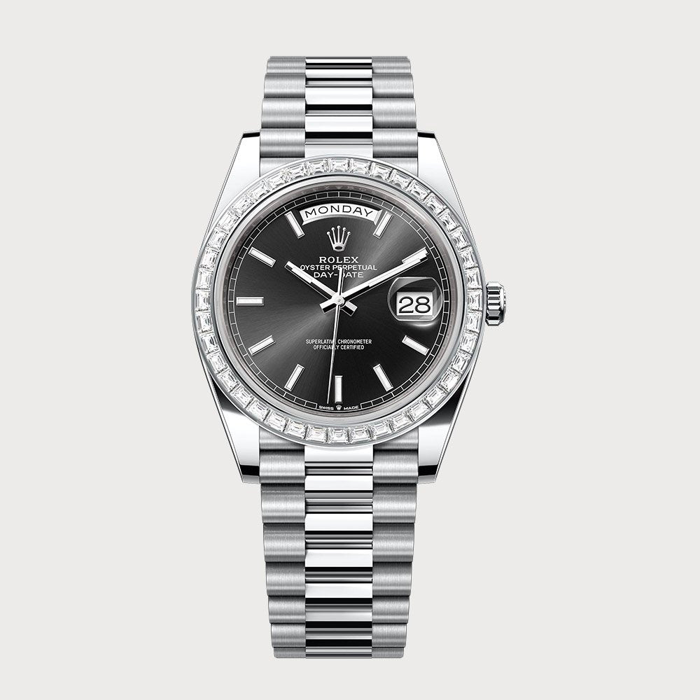 Rolex Day-Date 40 Sundust Black Dial With Baguette Diamond Bezel In Platinum