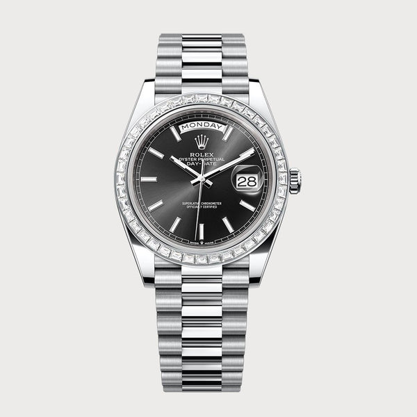 Rolex Day-Date 40 Sundust Black Dial With Baguette Diamond Bezel In Platinum