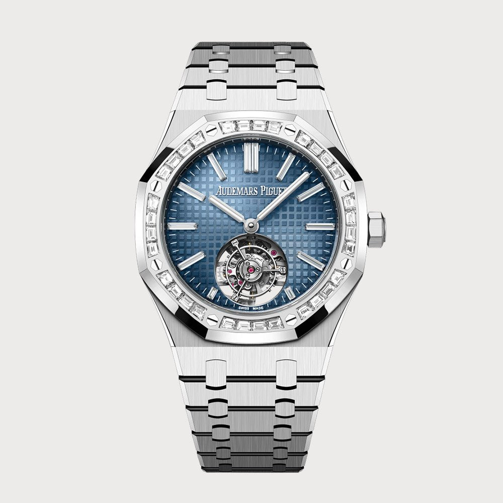 Audemars Piguet Royal Oak 41 Flying Tourbillon In White Gold With Blue Baguette Diamond Dial & Baguette Diamond Bezel
