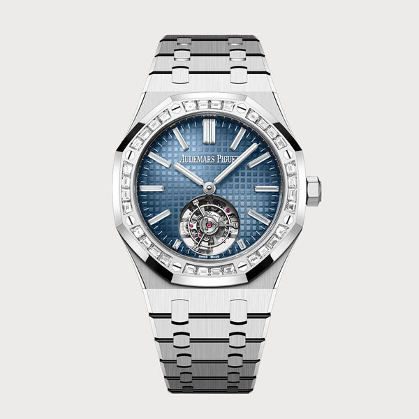 Audemars Piguet Royal Oak 41 Flying Tourbillon In White Gold With Blue Baguette Diamond Dial & Baguette Diamond Bezel