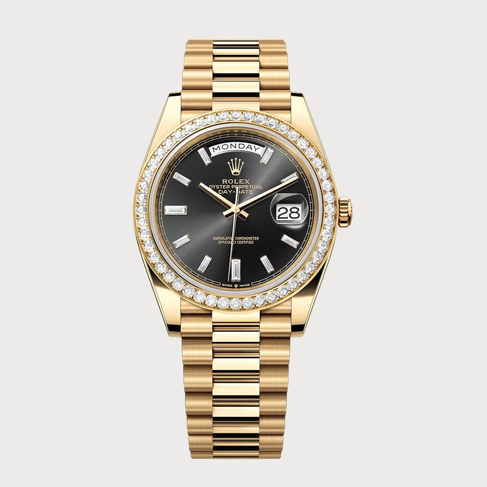 Rolex Day-Date 40 With Black Baguette Diamond Dial & Diamond Set Bezel In Yellow Gold