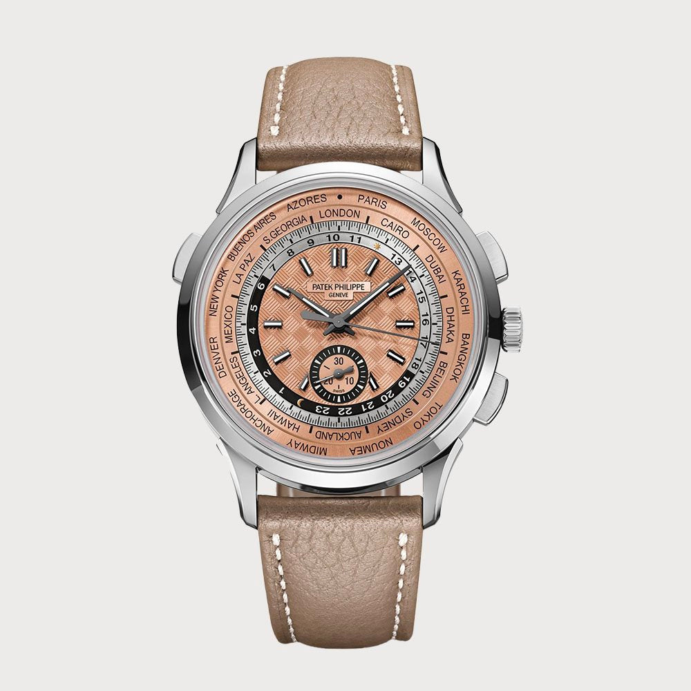 Patek Philippe World Time Flyback Chronograph With Salmon Dial In Stainless Steel