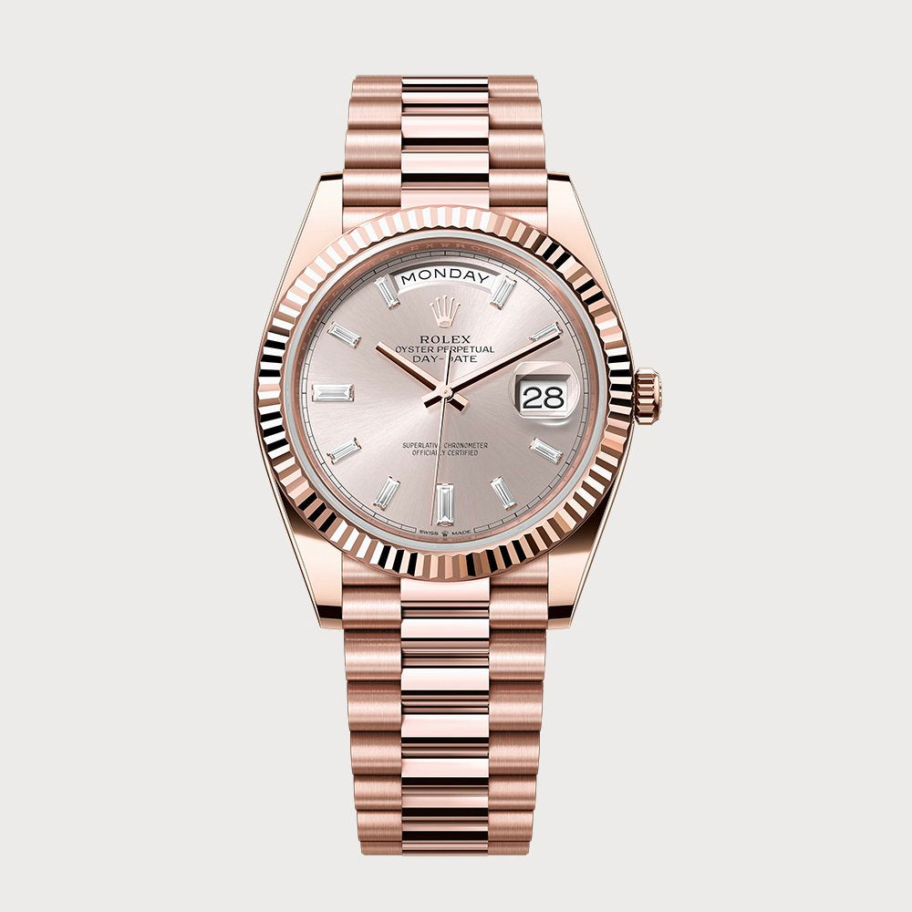 Rolex Day-Date 40 Sundust Dial Set With Baguette-Cut Diamonds In Rose Gold