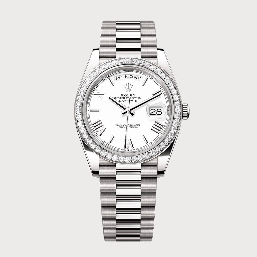 Rolex Day-Date 40 With White Roman Dial & Diamond Bezel In White Gold