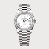 Rolex Day-Date 40 With White Roman Dial & Diamond Bezel In White Gold