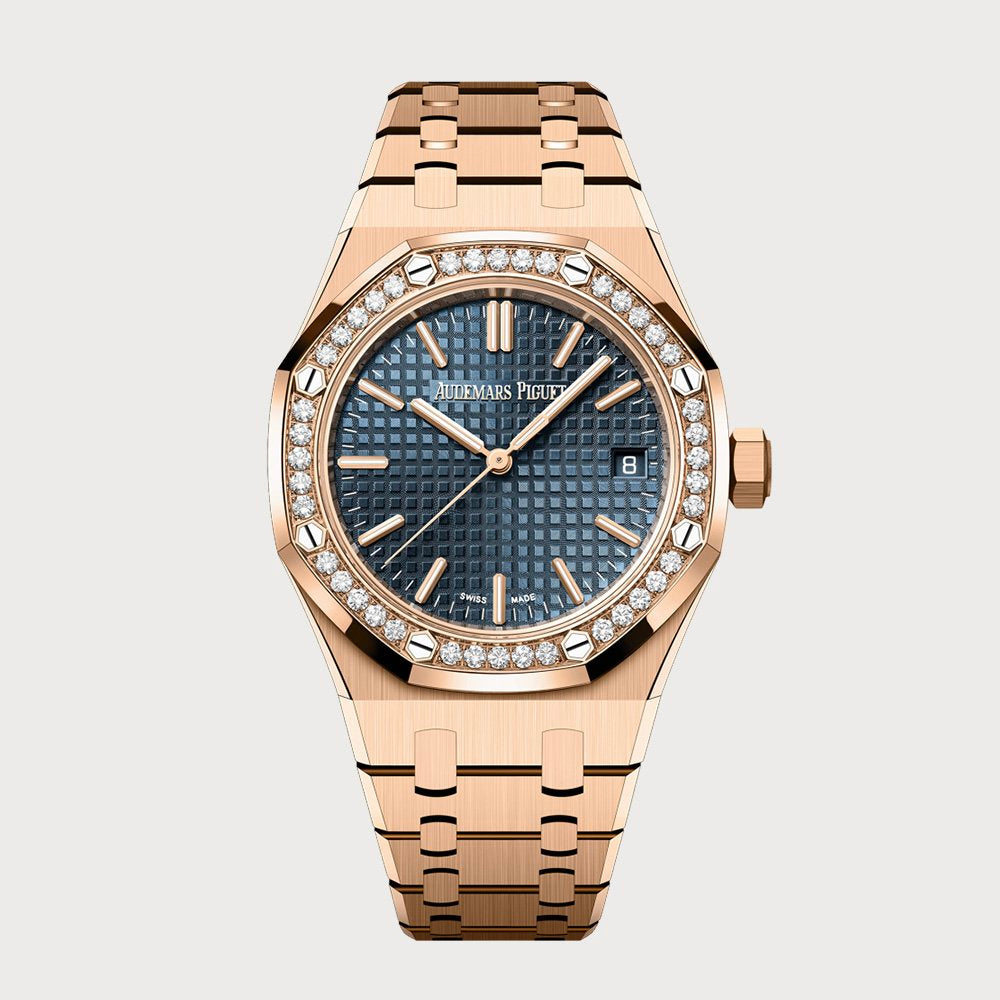 Audemars Piguet Royal Oak 37 In Rose Gold With A Blue Dial & Diamond Bezel