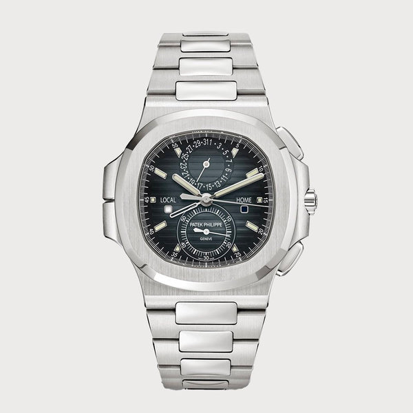 Patek Philippe Nautilus Flyback Chronograph Travel Time With Black Dial In Stainless Steel