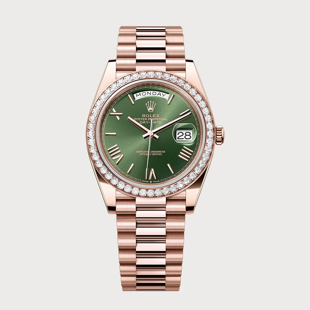 Rolex Day-Date 40 With Green Roman Dial & Diamond Set Bezel In Rose Gold