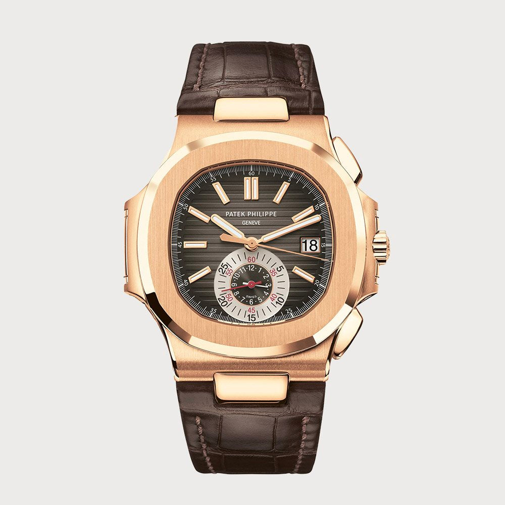 Patek Philippe Nautilus Flyback Chronograph With Black Dial In Rose Gold On A Leather Strap