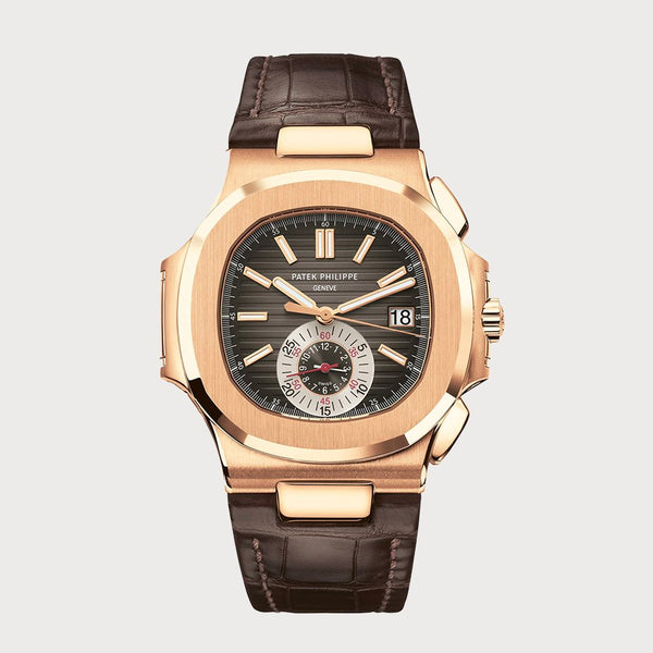 Patek Philippe Nautilus Flyback Chronograph With Black Dial In Rose Gold On A Leather Strap