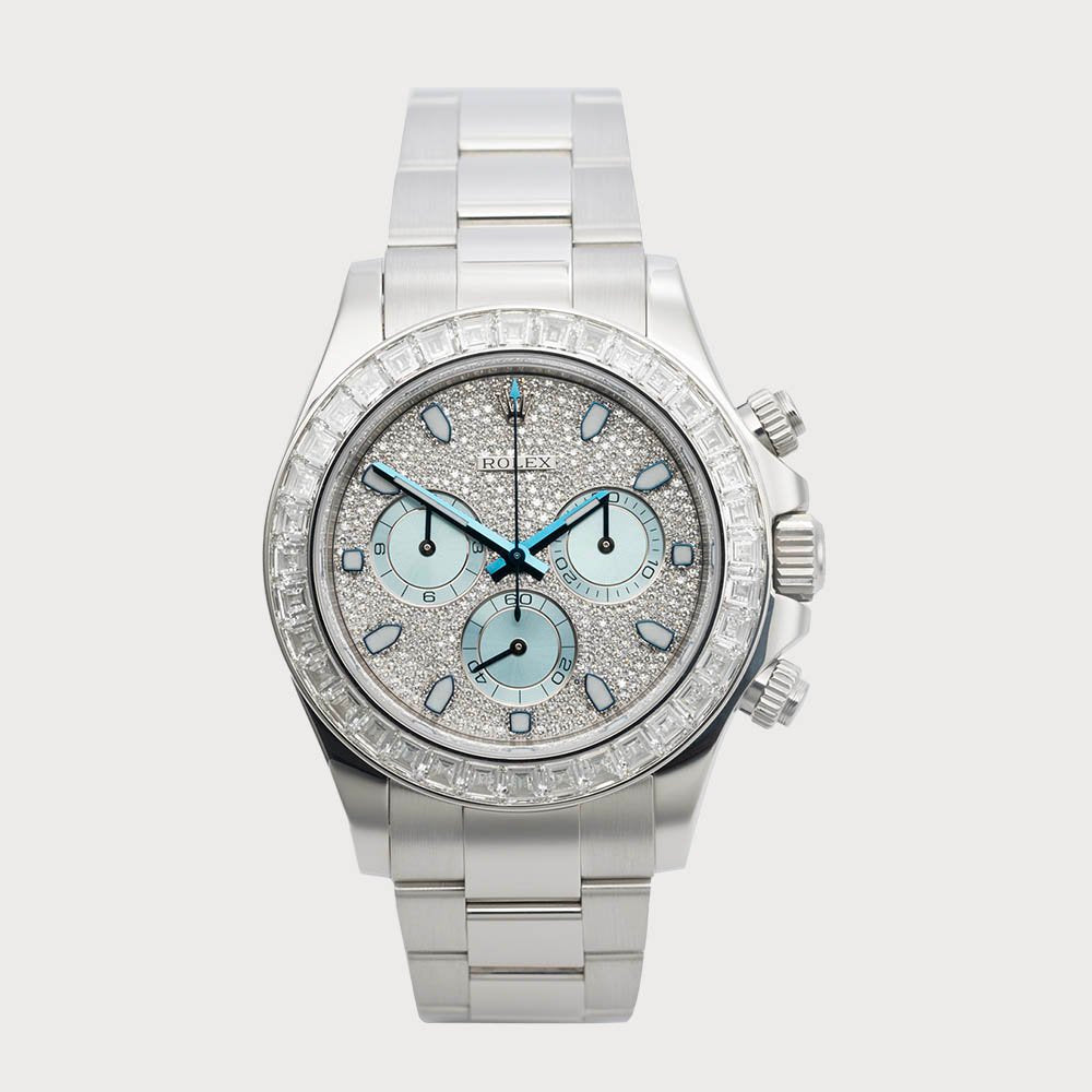 Rolex Daytona Platinum With Pave Dial With Baguette-Cut Diamond Bezel