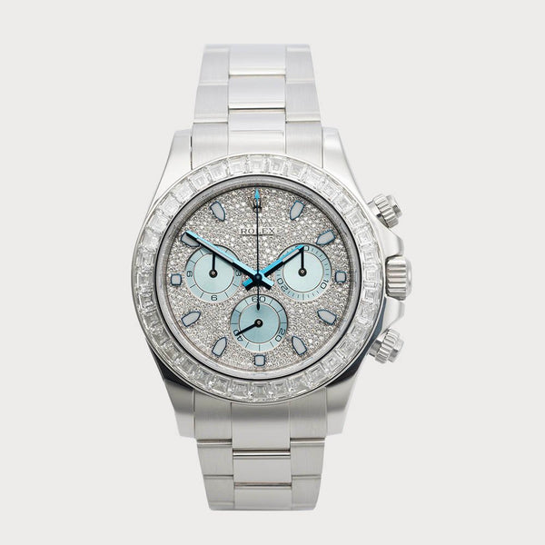 Rolex Daytona Platinum With Pave Dial With Baguette-Cut Diamond Bezel