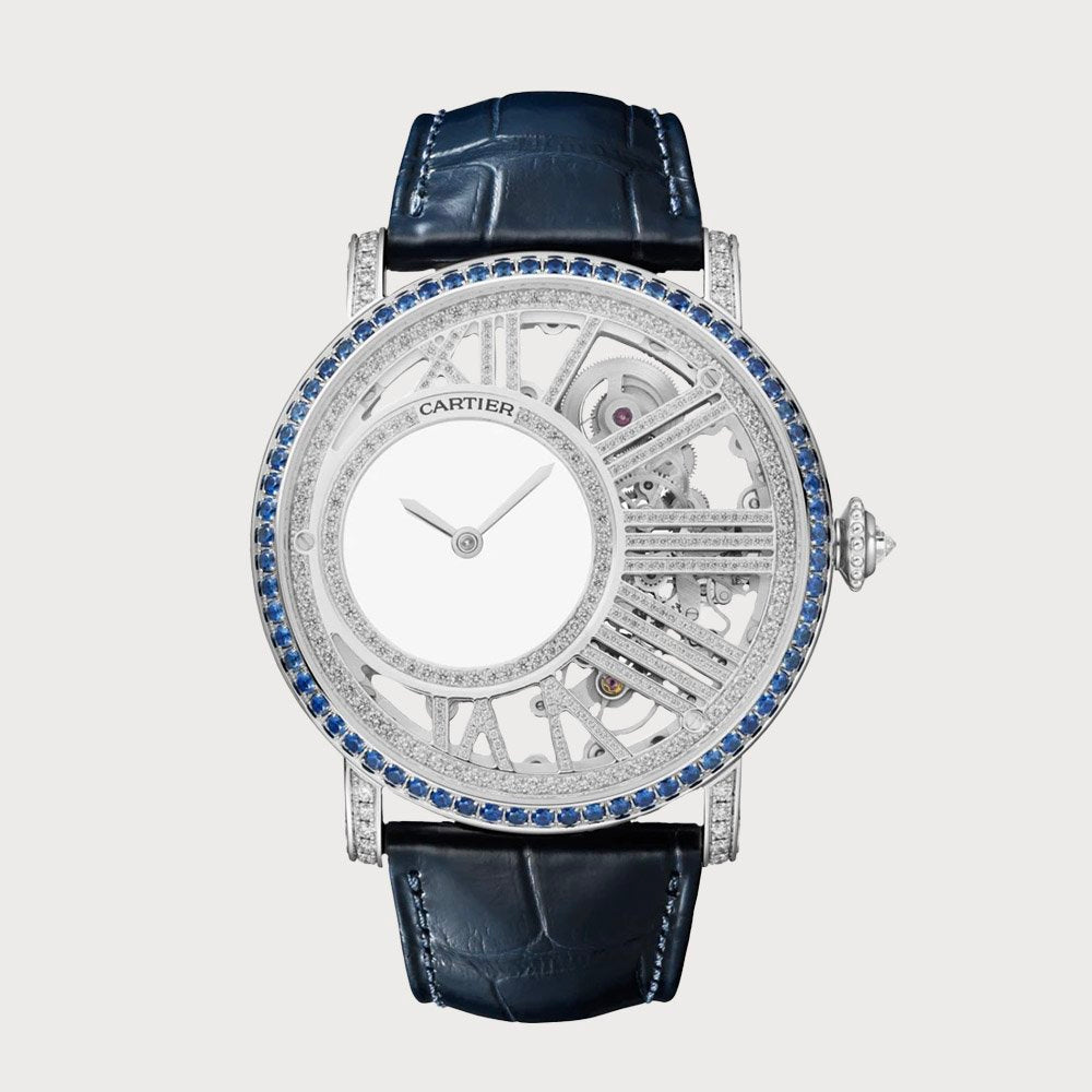Cartier Rotonde 42mm Mysterious Hour Skeleton With Diamonds & Blue Sapphires