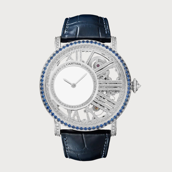 Cartier Rotonde 42mm Mysterious Hour Skeleton With Diamonds & Blue Sapphires