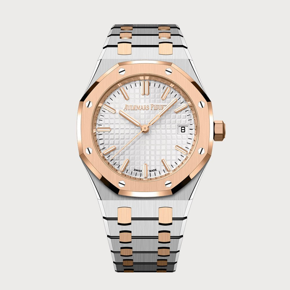 Audemars Piguet Royal Oak 34 In Rose Gold & Stainless Steel With White Dial