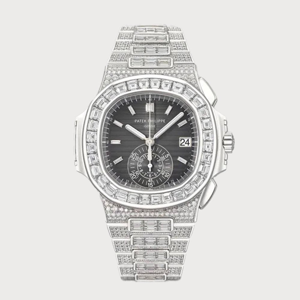 Patek Philippe Nautilus Flyback Chronograph Full Diamond Set On White Gold With A Grey Dial