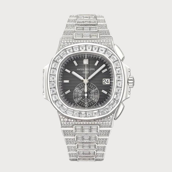 Patek Philippe Nautilus Flyback Chronograph Full Diamond Set On White Gold With A Grey Dial
