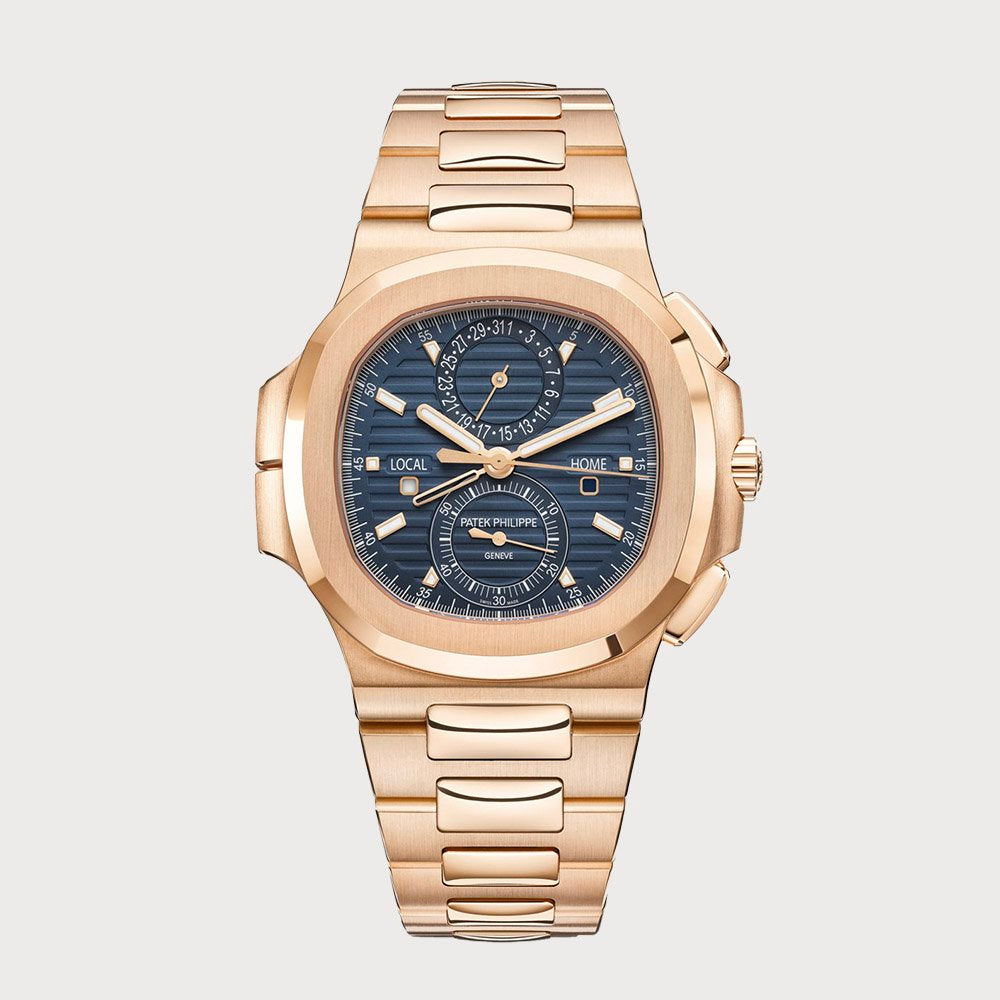 Patek Philippe Nautilus Flyback Chronograph Travel Time With Blue Dial In Rose Gold