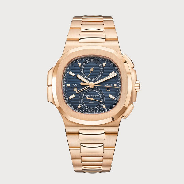 Patek Philippe Nautilus Flyback Chronograph Travel Time With Blue Dial In Rose Gold