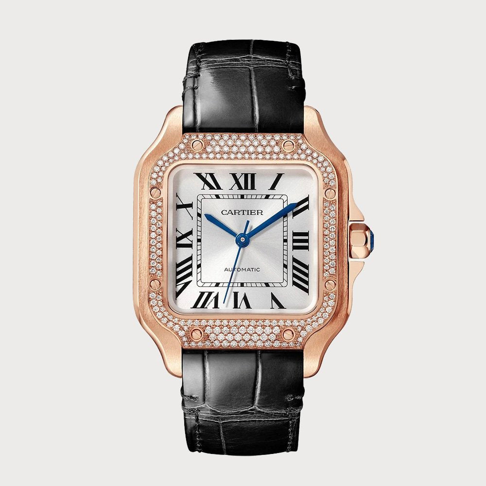 Cartier Santos Medium Diamond Set In Rose Gold On A Leather Strap
