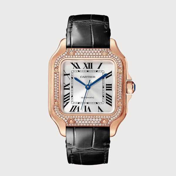 Cartier Santos Medium Diamond Set In Rose Gold On A Leather Strap