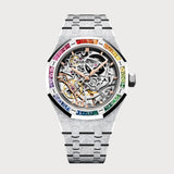 Royal Oak 37 Double Balance Wheel Openworked In Frosted White Gold With Rainbow Sapphire Bezel