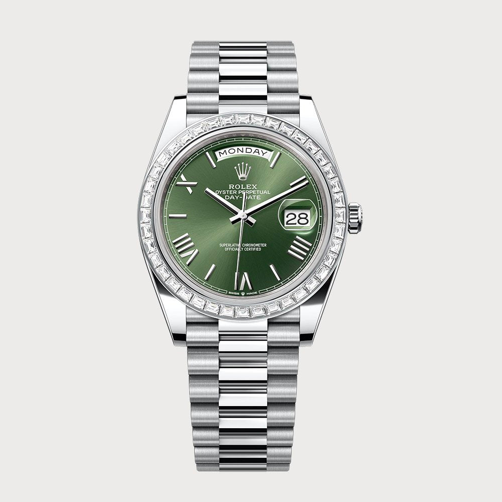Rolex Day-Date 40 Green Roman Dial & Baguette Diamond Bezel In Platinum