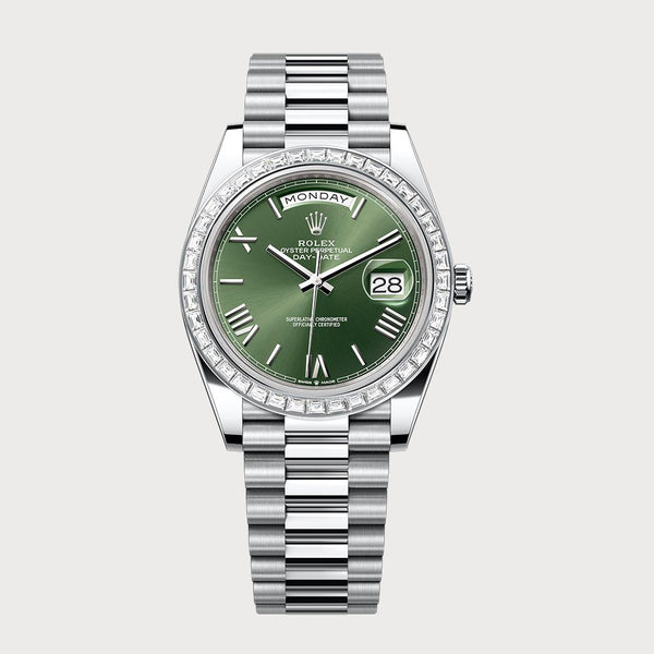 Rolex Day-Date 40 Green Roman Dial & Baguette Diamond Bezel In Platinum