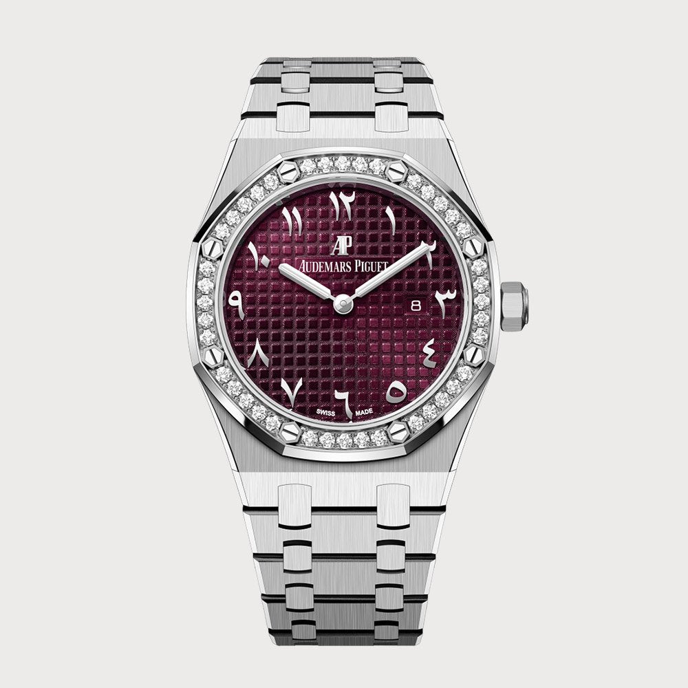 Audemars Piguet Royal Oak 33 Quartz In White Gold With Burgundy Red Arabic Dial & Diamond Set Bezel
