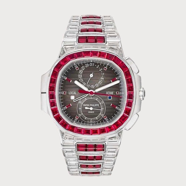 Patek Philippe Nautilus Flyback Chronograph Travel Time Diamond & Ruby Set In White Gold