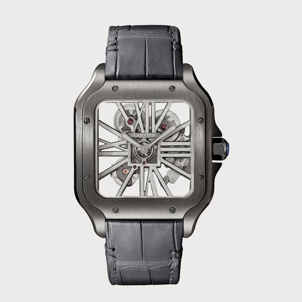Cartier Santos Skeleton Adlc Coated On Stainless Steel With A Leather Strap