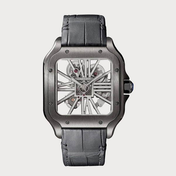 Cartier Santos Skeleton Adlc Coated On Stainless Steel With A Leather Strap