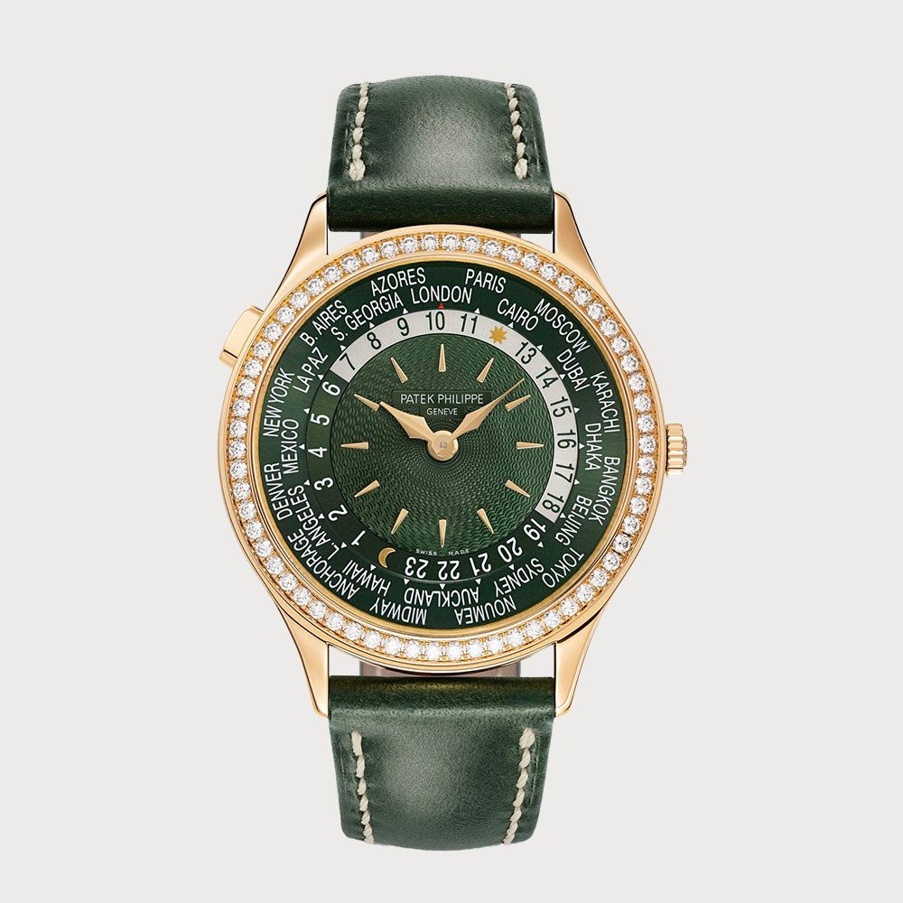 Patek Philippe World Time With Green Dial And Diamond Set Bezel In Rose Gold