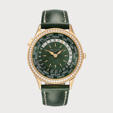 World Time With Green Dial And Diamond Set Bezel In Rose Gold