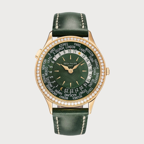 Patek Philippe World Time With Green Dial And Diamond Set Bezel In Rose Gold